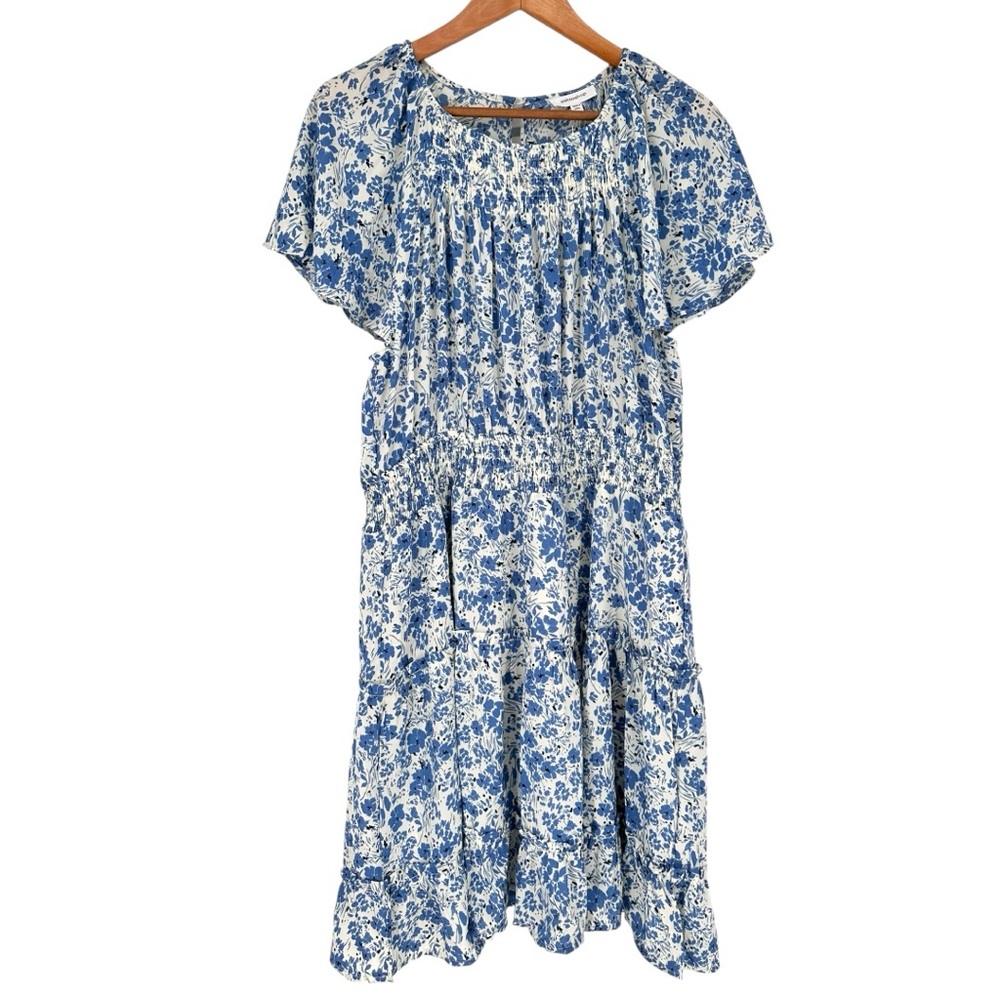 Mittoshop Blue Floral Dress size 1X Short Flutter Sleeves Smocked Waist NWT